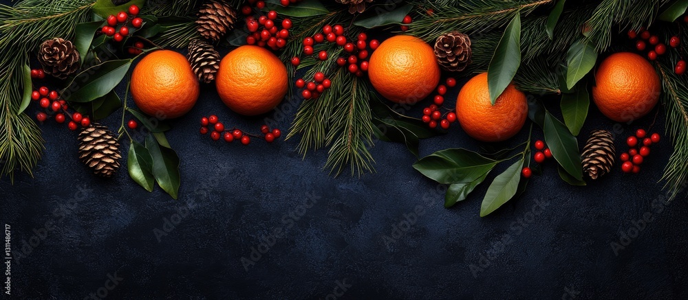 Aufkleber festive still life with mandarins red berries and fir branches arranged on a dark background with gr