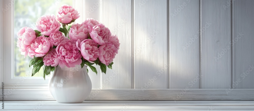 Poster peonies in a white vase positioned on a white wooden windowsill with natural light highlighting rust