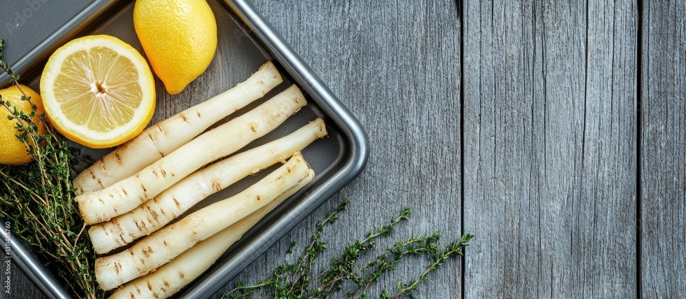 Poster close-up of a baking tray containing uncooked salsify roots, fresh lemon halves, and thyme sprigs on
