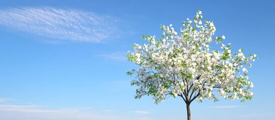 Blossoming apple tree with white flowers and fresh green leaves centered against a clear blue sky with soft clouds on the horizon