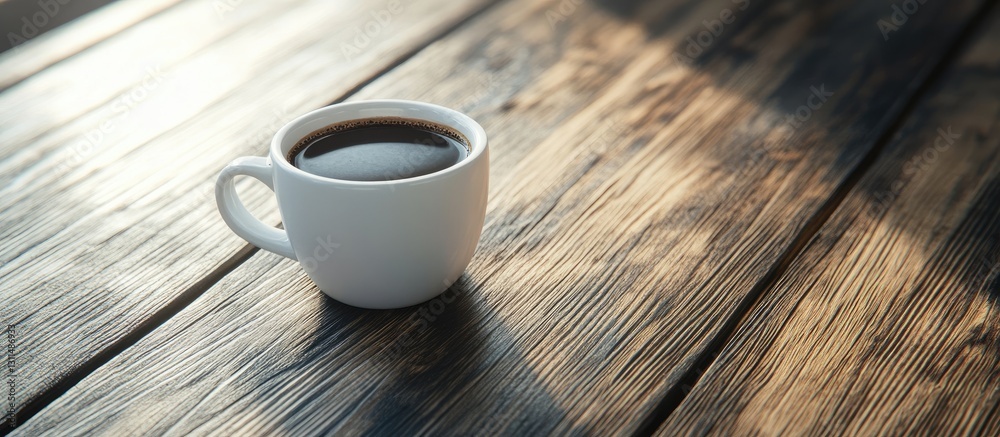Poster a white cup of coffee positioned on a rustic wooden table with warm brown tones and sunlight casting