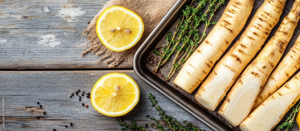 Poster Baking tray featuring uncooked salsify roots alongside fresh lemons and thyme on a textured grey wooden table with space for text.