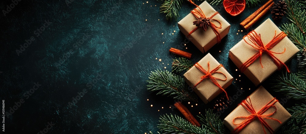 Poster elegant christmas composition with gift boxes adorned with red ribbons, surrounded by coniferous bra