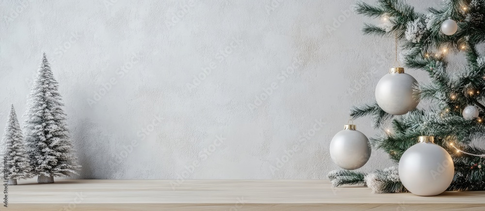 Poster elegant winter scene with evergreen trees and white ornaments on a rustic wooden table against a sof
