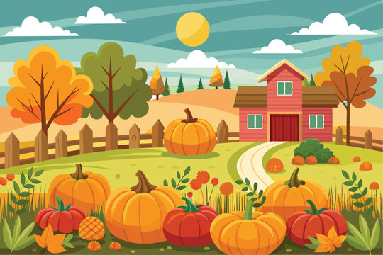 Families enjoy picking pumpkins surrounded by vibrant autumn foliage and a charming farmhouse, Pumpkin patch Customizable Flat Illustration