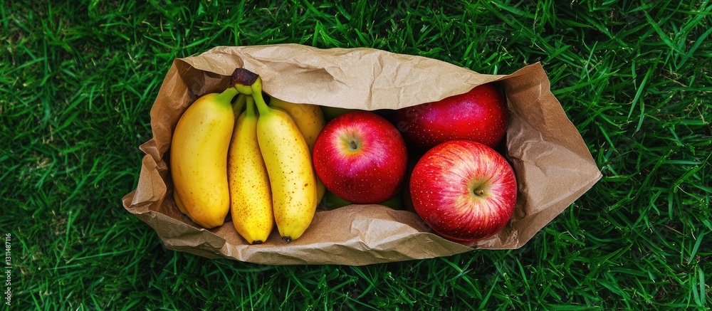 Poster Fresh bananas and red apples in a brown craft paper bag on vibrant green grass center aligned with empty space for eco-friendly text or branding