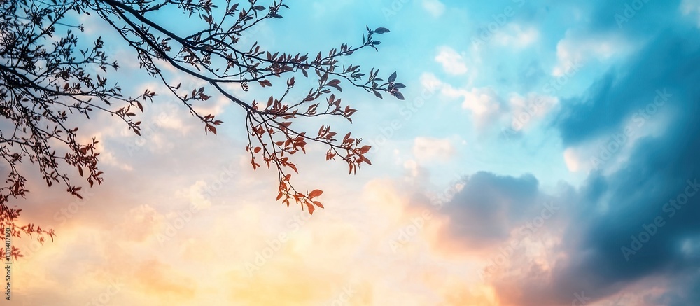 Aufkleber silhouetted branches of deciduous trees against a cloudy evening sky featuring warm blue tones with 