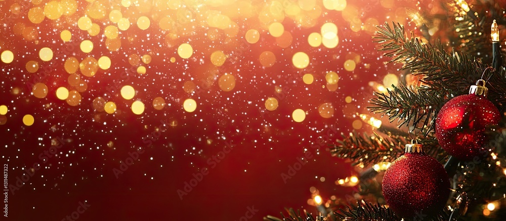 Poster festive christmas backdrop with shimmering golden bokeh and sparkling red ornaments on evergreen bra