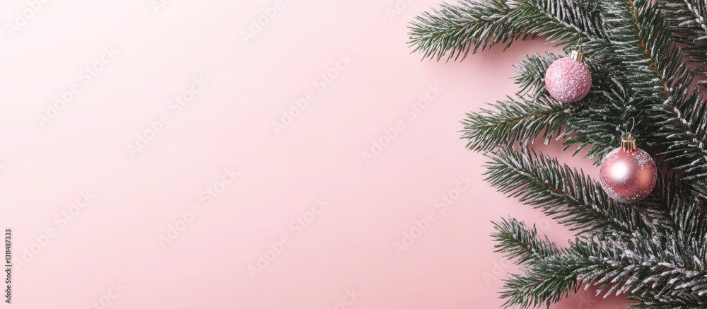 Aufkleber pastel pink background with a green spruce branch adorned with pink ornaments on the right side crea