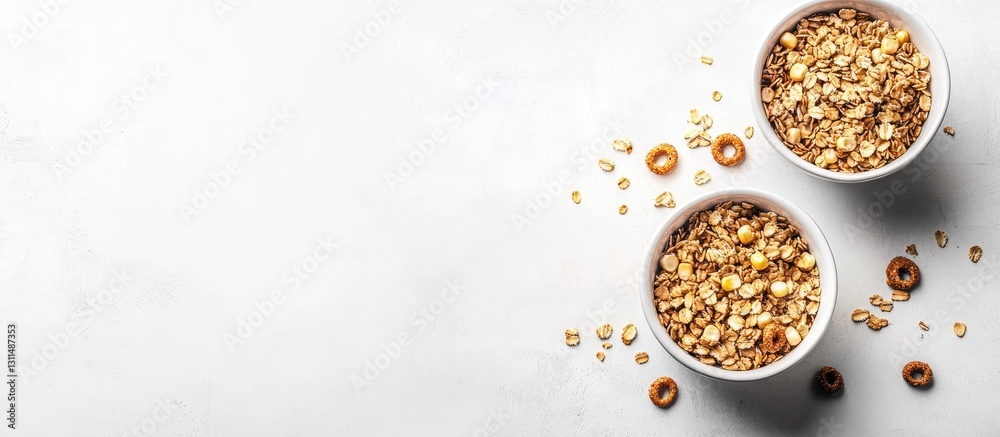 Poster granola and corn ring cereal in two white bowls on a clean white surface with scattered cereal piece