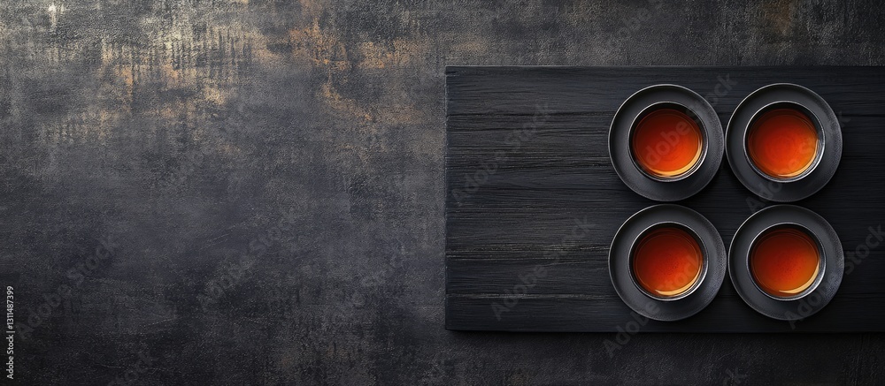 Poster top view of a black wooden table showcasing four cups of rich pu erh tea positioned in a square form