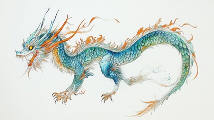 Naklejka premium A majestic blue-and-orange dragon unfurls its wings in dynamic motion, captured in vibrant watercolor strokes. Intricate details and flowing curves imbue life and energy into every scale