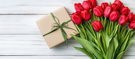 Red tulips wrapped in green paper beside a gift box with a bow and a blank craft card on a white wooden background flat lay for Mother's Day