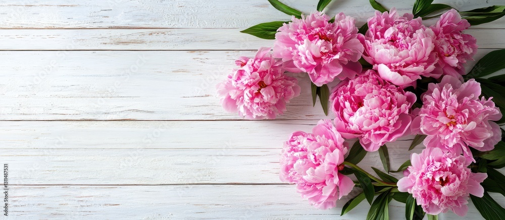 Aufkleber Pink peonies arranged on the right side against white wooden planks with a blank space on the left for text in a top view flat lay composition