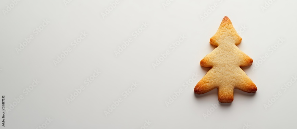 Poster christmas tree shaped cookie in light brown color positioned on left side of a clean white backgroun