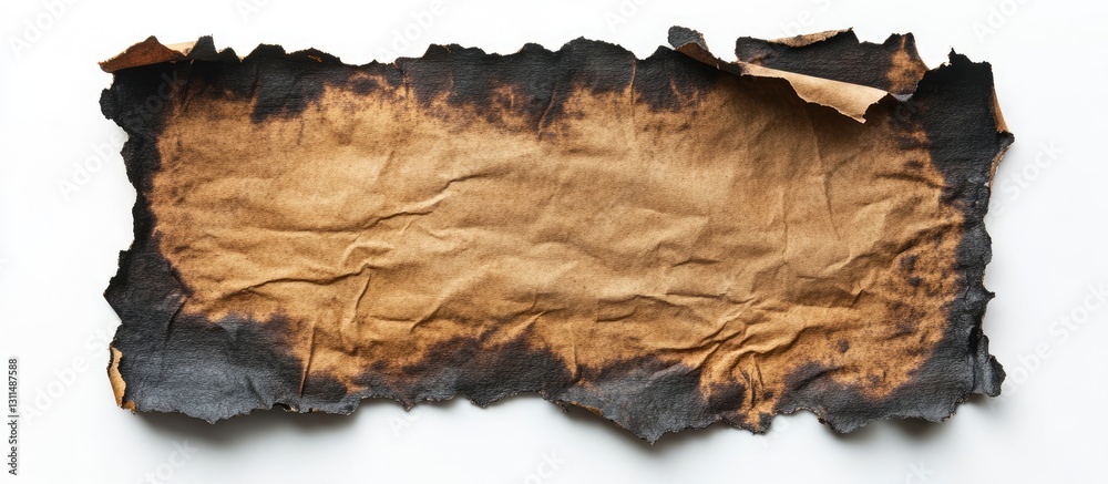 Poster burnt and wrinkled paper with black edges positioned in the center against a bright white background