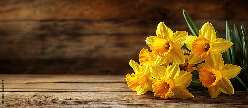 Poster vibrant yellow daffodils with orange centers arranged on a rustic wooden surface against a blurred b