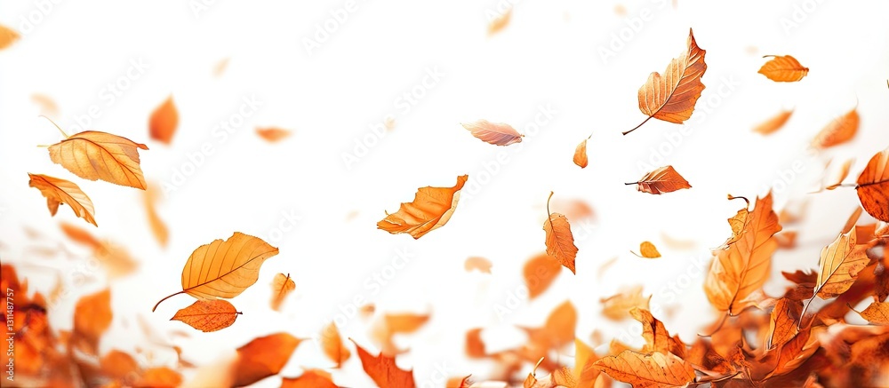 Fototapete vibrant orange autumn leaves floating against a soft white background with blurred hints of golden f