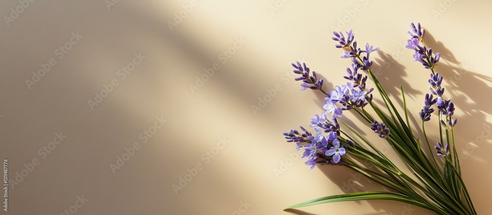 Poster Lavender and spring scilla bouquet on a beige background with soft shadows creating an elegant mockup for a postcard or invitation design
