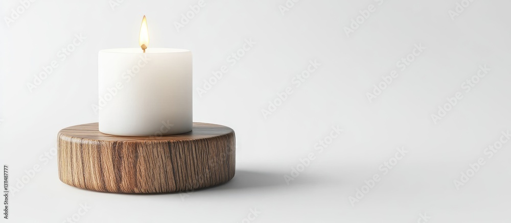 Leinwandbilder Minimalistic white candle burning atop a round wooden stand positioned right on a soft gray background creating a serene and calming atmosphere.