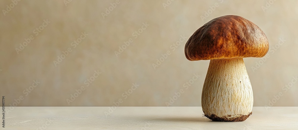 Poster single dark cep mushroom on a light wooden surface with a smooth beige background showcasing its tex
