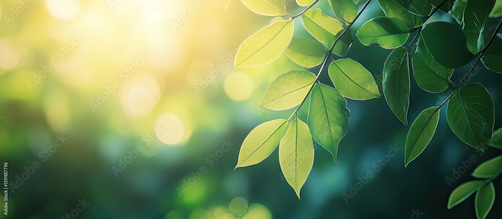 Aufkleber Soft green leaves with sunlight shining through, creating a refreshing, vibrant atmosphere; blurred natural bokeh background of tropical foliage.