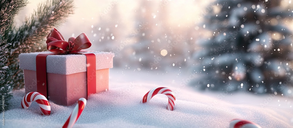 Poster christmas gift box with red ribbon on snow with candy canes next to it, soft sunlight glowing in bac