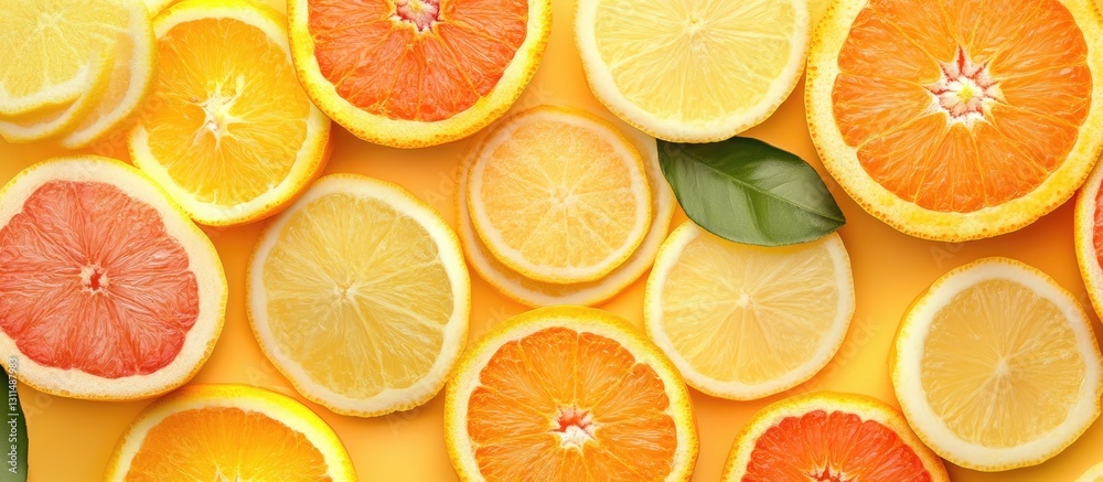 Poster vibrant citrus display with orange lemon and citron slices on a bright yellow background showcasing 
