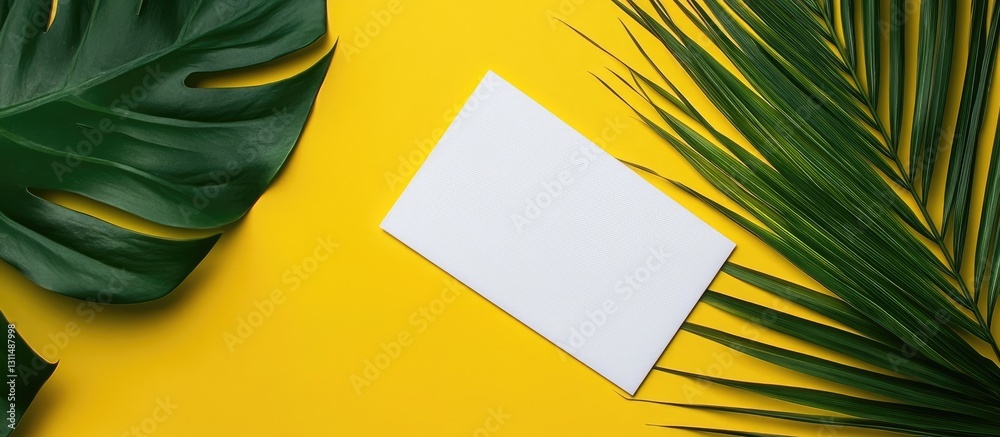 Aufkleber blank white sheet of paper centered on a large green palm leaf with vibrant yellow gradient backgrou
