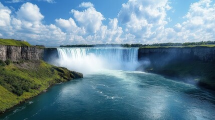 Fototapeta premium Powerful Waterfall Cascading over Rocks Panoramic View