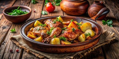 Fototapeta premium Authentic Georgian Ketsi: Clay pot-roasted chicken and potatoes, rustic and flavorful.