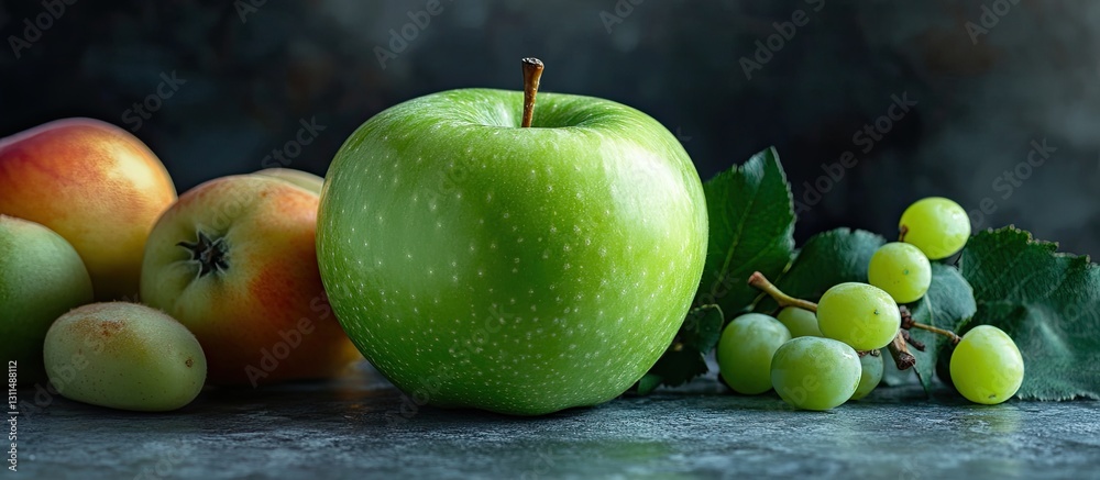 Poster Fresh green apple in foreground with grapes and assorted apples in soft focus background, dark textures, vibrant green and warm tones.