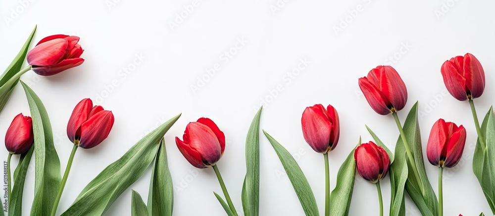Poster vibrant red tulips in a horizontal arrangement on a clean white background with ample space for text