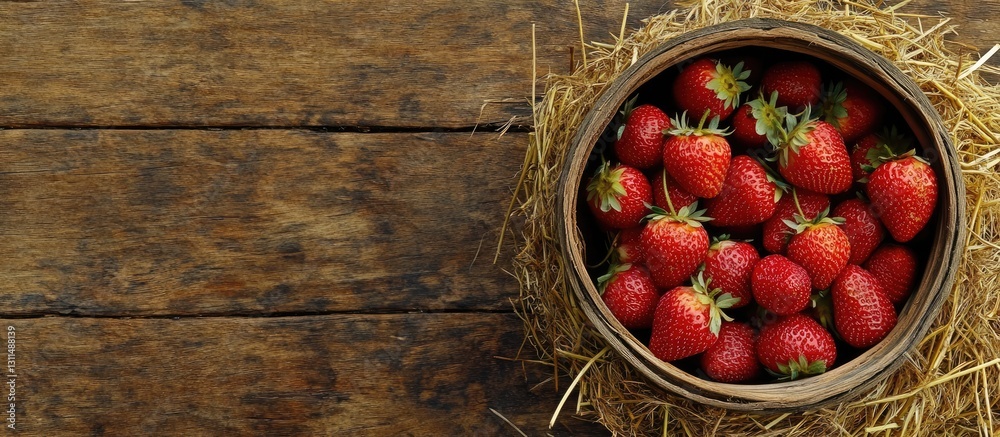 Poster wooden bucket brimming with fresh ripe strawberries on straw background with dark wooden surface, am