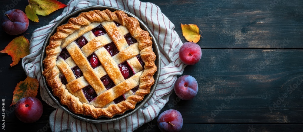 Poster autumn-inspired flat lay of a freshly baked plum pie in a lattice crust on a striped napkin with vib