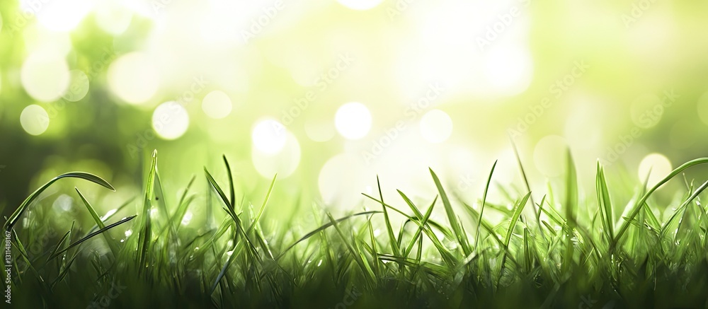 Aufkleber Soft green grass in the foreground with blurred bright bokeh background showcasing spring vibes ideal for eco-friendly brochures and flyers.
