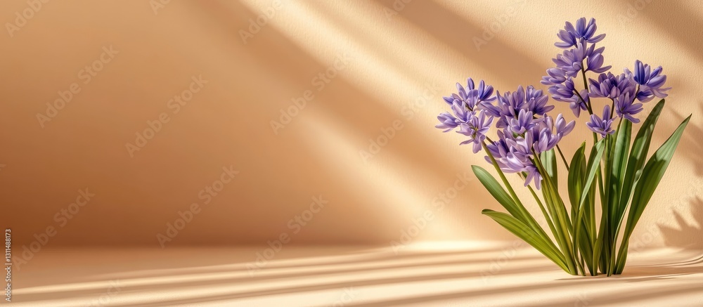Aufkleber lavender spring scilla bouquet with green leaves positioned right on a warm beige background casting