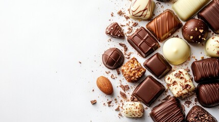 A pile of assorted chocolates and nuts on a white surface arranged for a tempting display