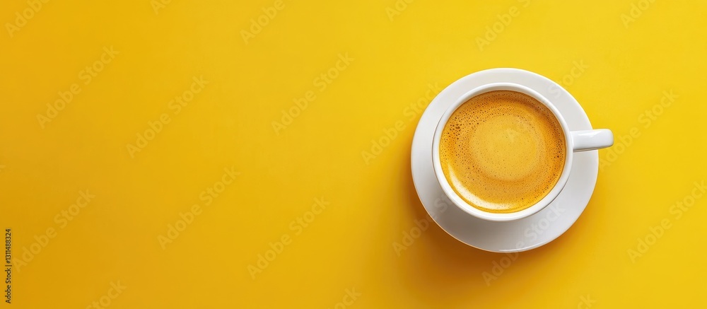 Poster Aerial view of a white cup of coffee on vibrant yellow background with ample space on the right for text or branding elements