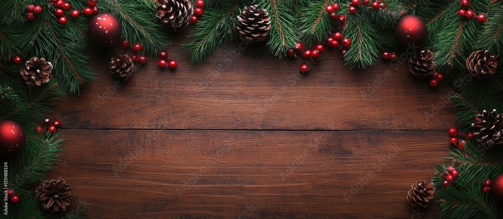 Aufkleber rustic wooden surface with festive christmas tree branches, red berries, and pine cones, creating a 