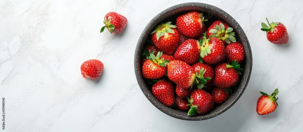 Aufkleber fresh ripe strawberries in a black bowl positioned at the center on a marble surface with scattered 
