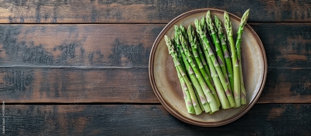 Poster fresh green asparagus arranged neatly on a round brown plate atop rustic wooden surface with ample c