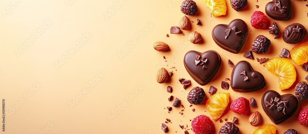 Poster heart-shaped chocolate candies surrounded by fruits and nuts on a soft orange background with ample 