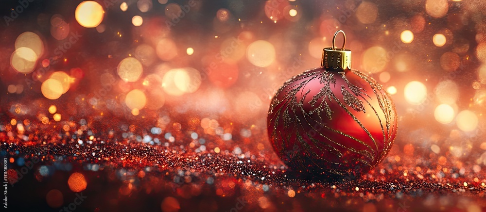 Poster shiny red christmas ornament with golden cap placed on a sparkling red and gold glitter background, 