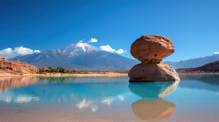 Balanced rock formation in serene turquoise lake with snow-capped mountain backdrop.