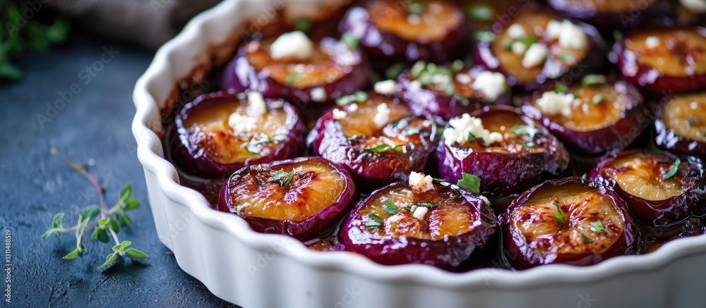 Aufkleber baked plums with feta in a white dish arranged in a circle with a caramelized glaze on a dark surfac