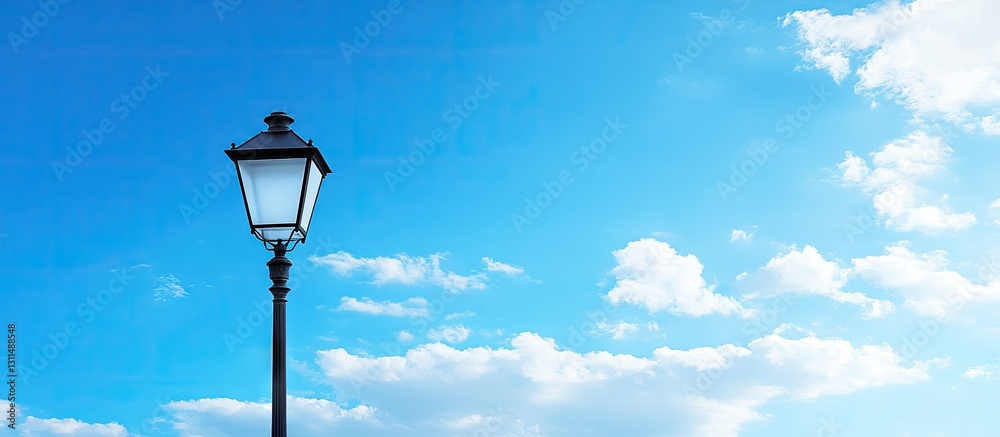 Poster black street lamp positioned left against a clear blue sky with soft white clouds, creating a tranqu