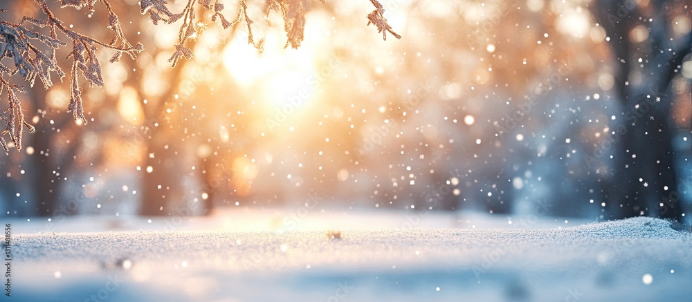 Poster soft golden sunlight filters through blurred winter trees, casting a warm glow on falling snowflakes
