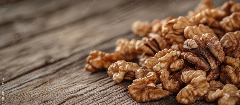 Poster close-up of scattered walnuts on a rustic wooden surface with rich brown tones and textured grain sh