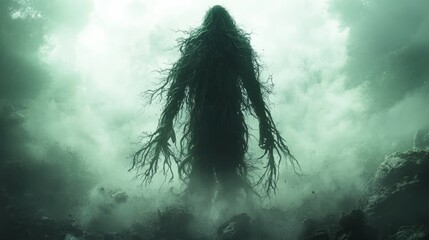 A mysterious creature stands in the mist, surrounded by towering trees at dusk